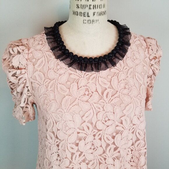 Vintage Style Pink Lace A Line Shift Dress w/ Net Covered Black Beaded Neckline - Picture 3 of 8